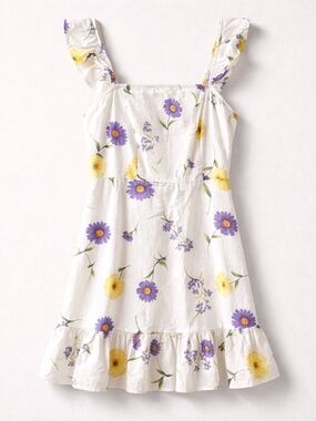 Floral Linen Blend Mini Dress Ruffle Strap Festival Boho Medium